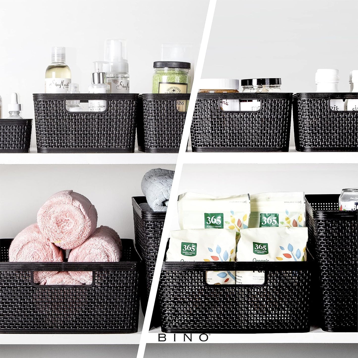 BINO | Woven Plastic Basket | Large (Black), 3-Pack | THE JUTE COLLECTION | Home Organization, Space - Saving Storage, Stylish Design | Jute Basket | Plastic Storage Basket