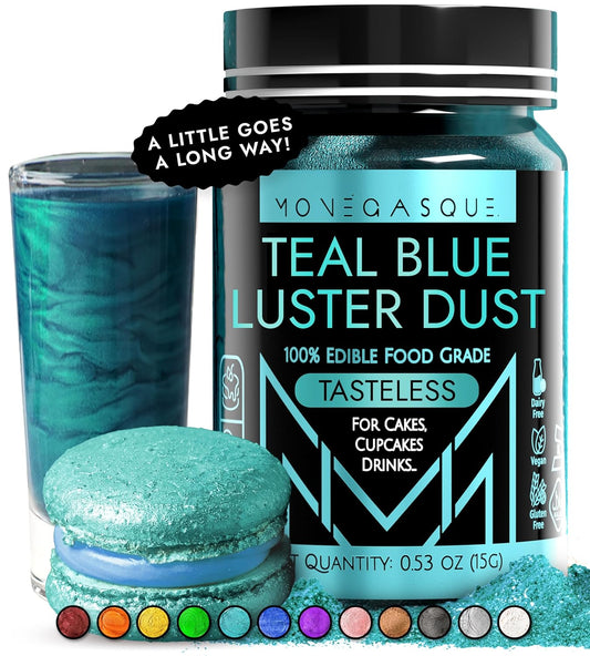 MONÉGASQUE Teal Blue Edible Glitter for Drinks 15g – Halloween Edible Glitter for Cakes & Cocktails – Cocktail, Cake, & Cupcake Luster Dust Spray – Teal Food Coloring & Drink Decorations Sprinkles