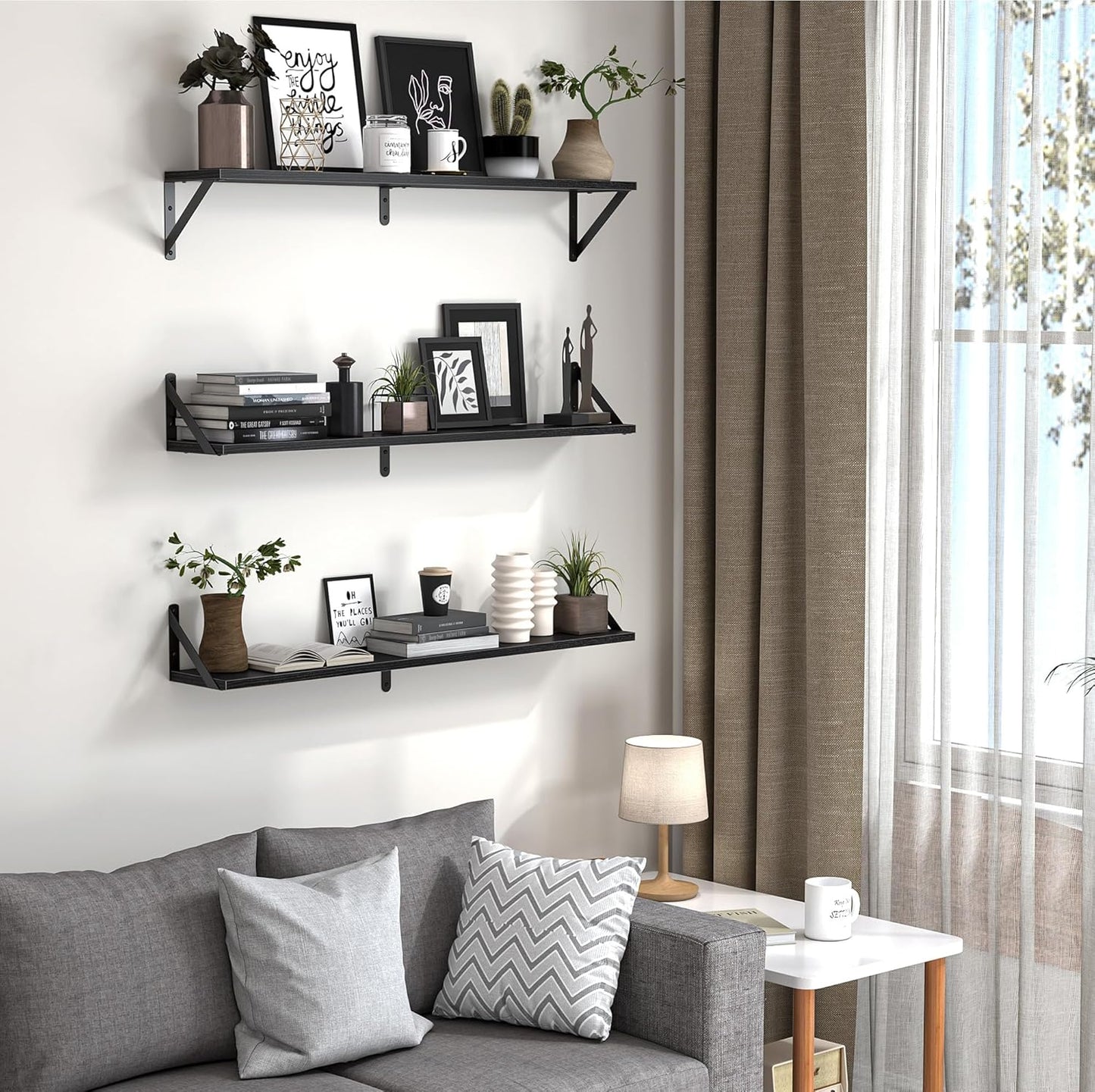 Heimlove Floating Shelves for Wall, 36 Inch Long Wood Floating Bookshelf Set of 3, Wall Mounted Hanging Shelf for Bathroom Bedroom Kitchen, Black