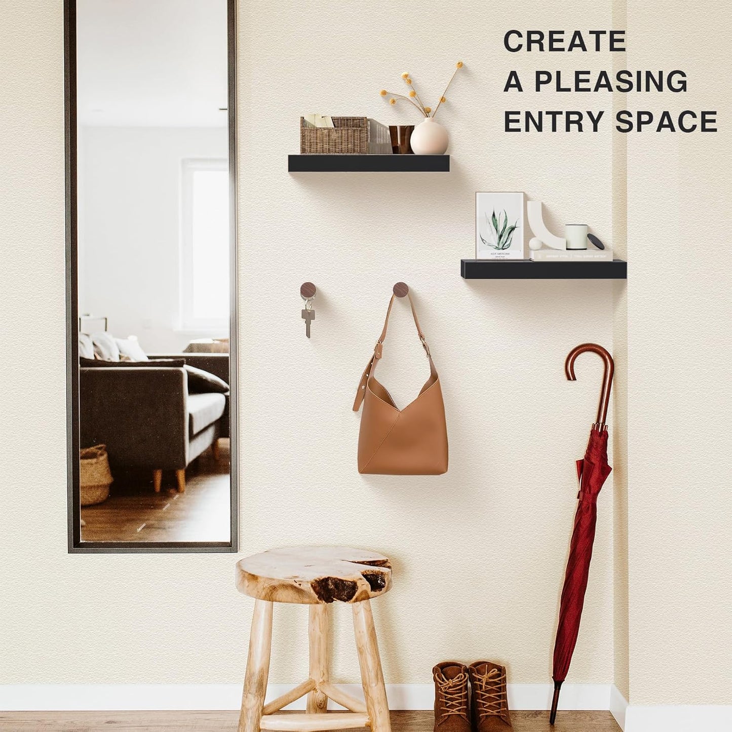 Colima Floating Shelves for Wall Black Wood Shelf for Bedroom, 15 Inch Wall Mounted for Bathroom Living Room Kitchen Office, 1.3" Thick Floating Book Shelves for Wall, Set of 2