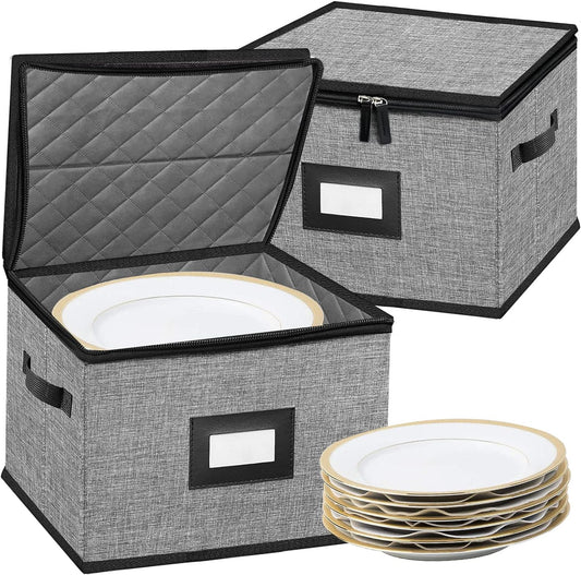 China Storage Containers-Quilted Dish Storage Containers with Lid Hard Shell for Moving Transport, Dinnerware Storage,Stackable Plate Storage,24 Felt Plate Dividers Included,2PACK 12*12*8in(Dark Grey)