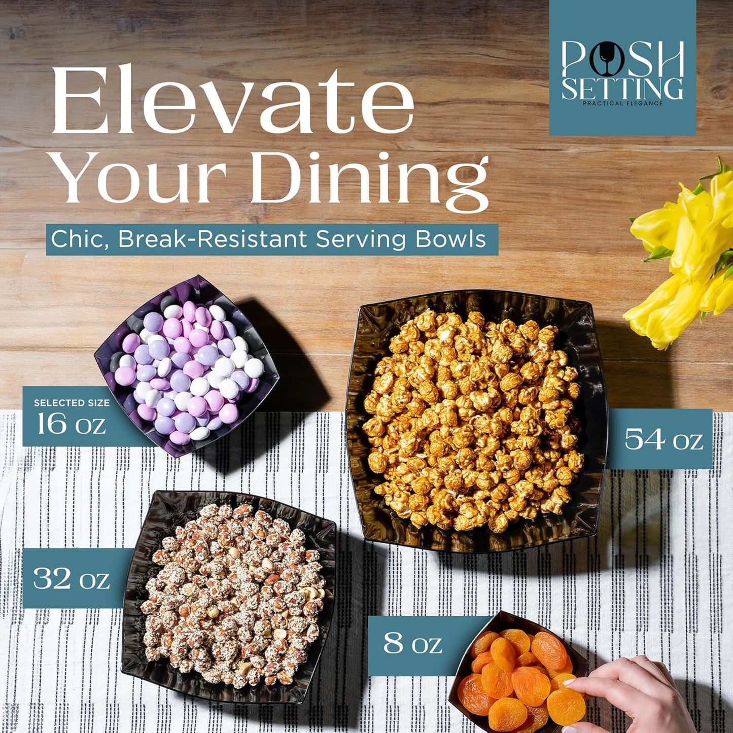 Posh Setting - Black Plastic Serving Bowls (16oz - 4 Pack) Square, Disposable, Salad & Fruit Bowls for Party Table, Candy Containers for Candy Buffet