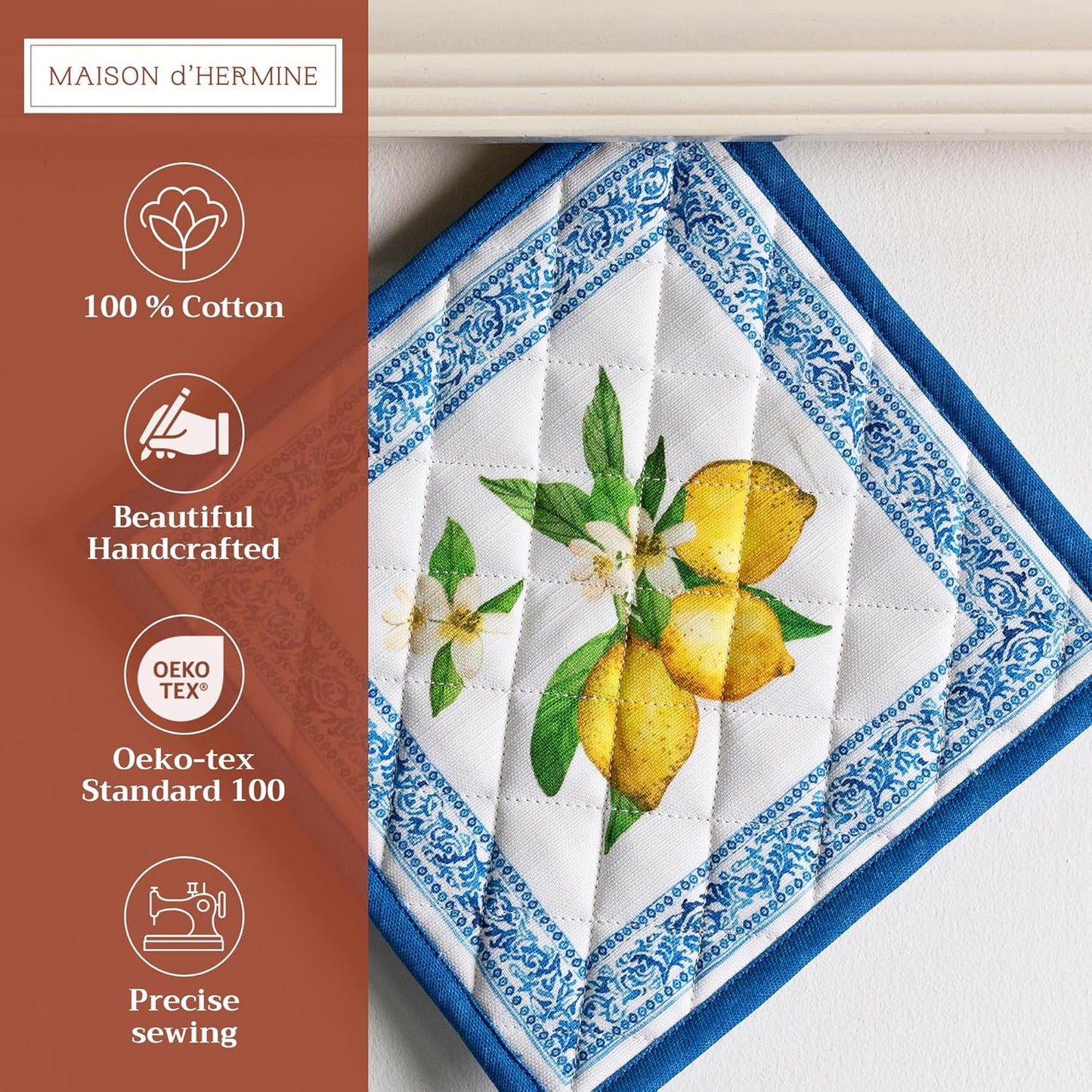 Maison d' Hermine Pot Holders Set 100% Cotton Heat Resistant Potholders 8" x 8" Hot Pads with Loop BBQ, Cooking, Baking, Grilling, Kitchen, Handling Hot Pans Spring/Summer (Pack of 2, Cedrat)