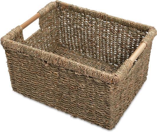 Large Wicker Storage Basket with Wooden Handles, Seagrass Basket for Shelves, Natural Wicker Bin With Handle for Storage 14.5 x 10.3 x 7.5 inches