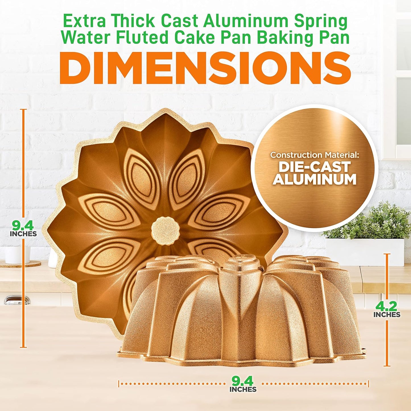 NutriChef 9-Inch Cake Pan, Thick and Heavy Cast Aluminum Cake Molds with 2 Layers of Nonstick Coating - Bloom Flower Design for Uniform Baking Up To 500 Degrees - Easy to Clean, Gold