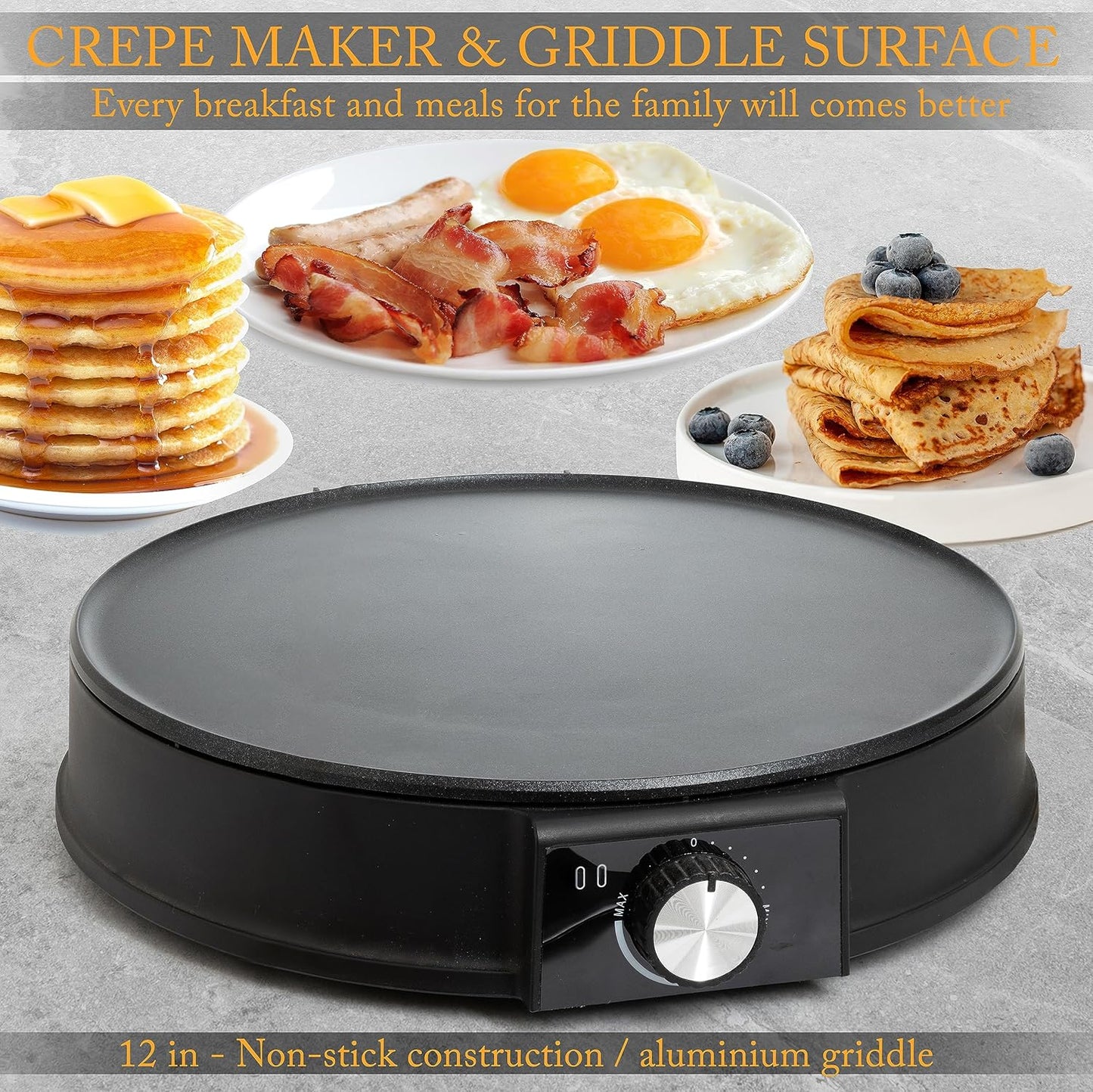 Moss & Stone 12 Inch Electric Griddle & Crepe Maker Machine. Electric Crepe Maker with Adjustable Temperature for Blintzes Pancakes & Tortilla, Non-Stick Crepe Pan & Batter Spreader & Spatula